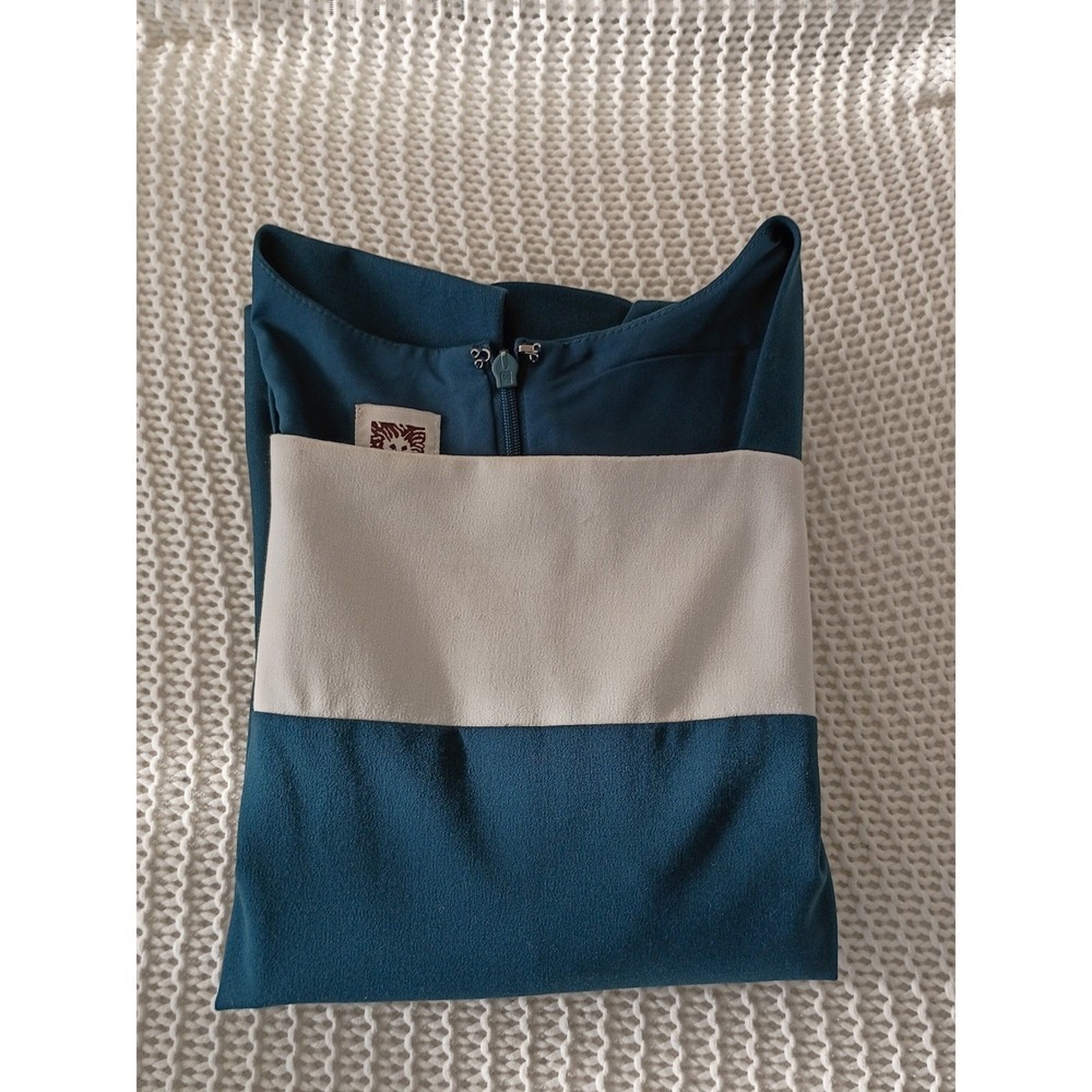VTG Anne Klein Teal Ivory Colorblock Sheath Dress Slveless Zip 6 Career Classic - Picture 6 of 9